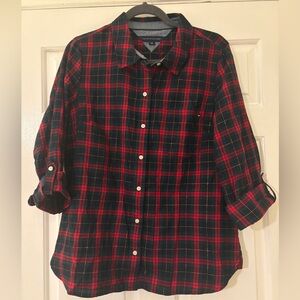 Tommy Hilfiger Red, Green & gold Plaid button down Shirt size large.